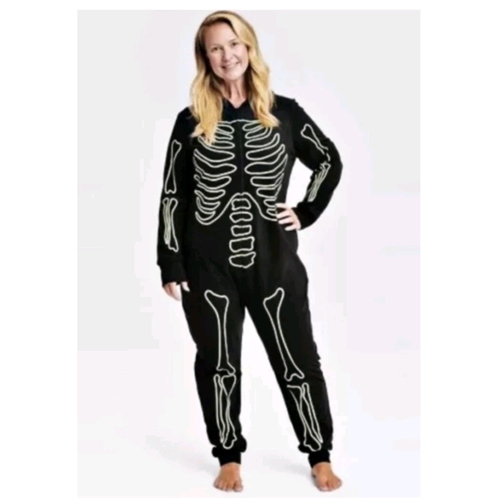 Halloween Skeleton Glow in the Dark Fleece Union Suit Jumpsuit Womens L Black PJ